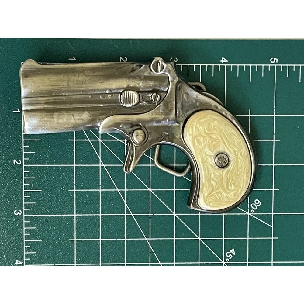 Vintage Remington Style Derringer Pistol Belt Buckle - Faux Pearl Grips